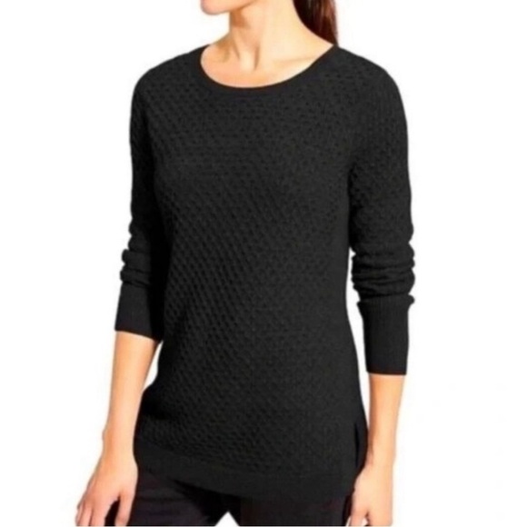 Athleta Black Merino Wool Waffle Knit Crewneck Sweater Tunic Knit Thermal Small - Picture 1 of 8